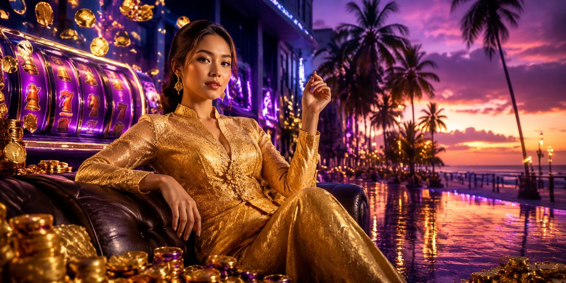 Wanita berbaju kebaya menikmati permainan slot di Penang dengan skrin terang berkilau